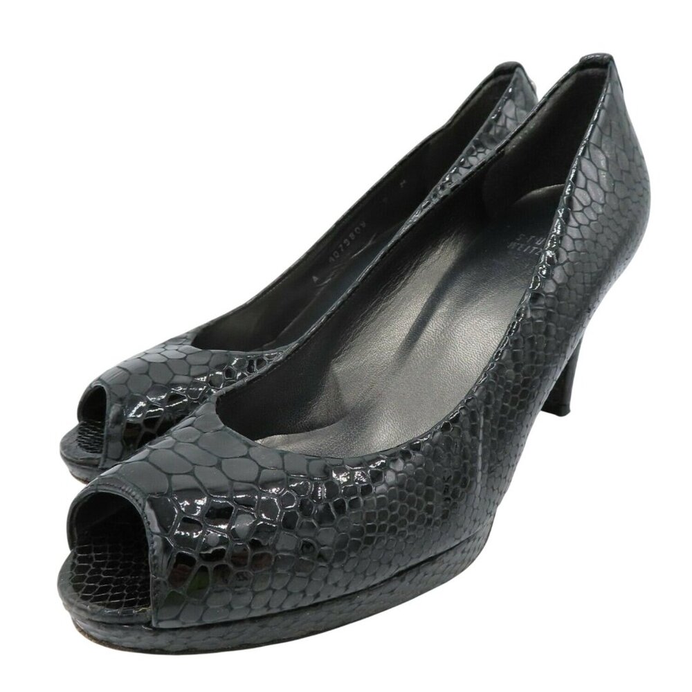 Stuart Weitzman Women 8 M Black Patent Snakeskin Leather 4079808 Peep Toe Heels